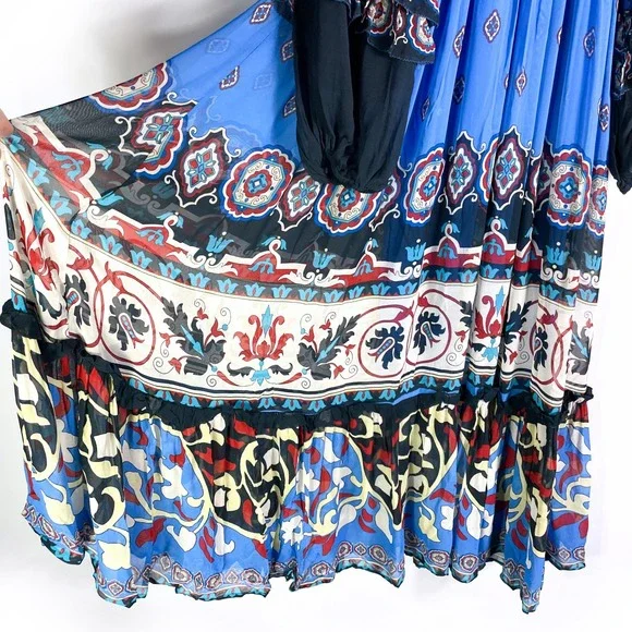 FARM Rio Ainka Tiles Dress Blue Floral Maxi Long Sleeve V-Neck Boho Sz XS - Picture 7 of 10